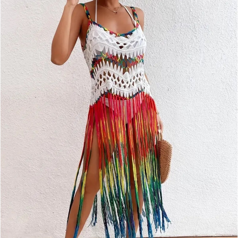 White Rainbow-Color Boho Tassel Beach Cover-Up Dress